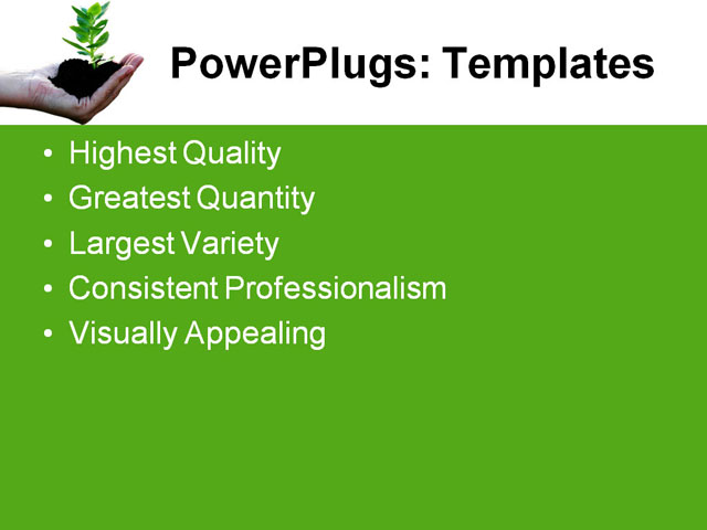 PPT Template - sustainable development-green plant in woman`s palm, blue, clouds - Text Slide